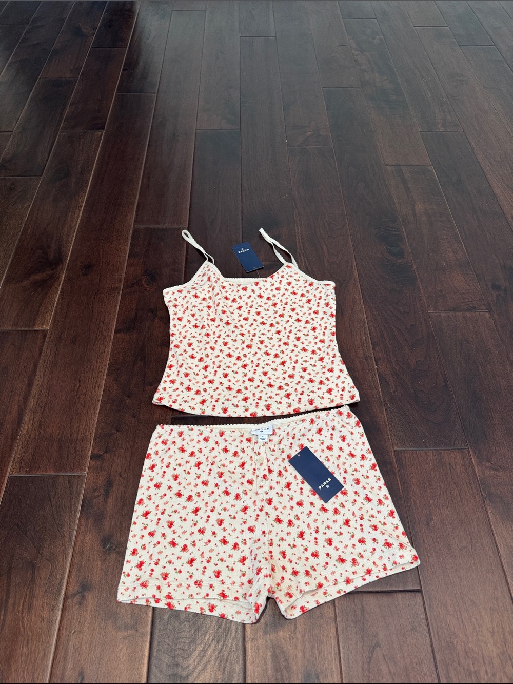 Parke X Target Cream Floral Cami and Shorts Set with Red Flowers